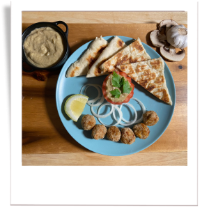 Romanian Aubergine Dip (Salată de Vinete) with Pork Meatballs (Chiftele) and Homemade Flatbreads (Lipii)