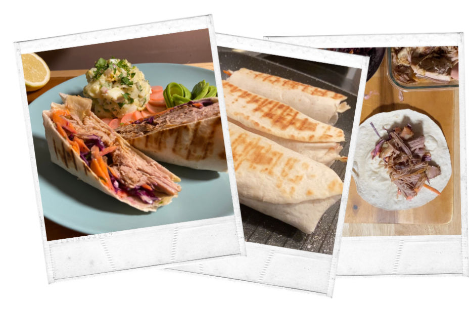 The process of making pulled pork burritos, using slow cooked pork shoulder, carrot and red cabbage coleslaw and tortilla wraps.