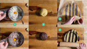 The making of the pastry dough, both cocoa and vanilla and preparing the pastry cases