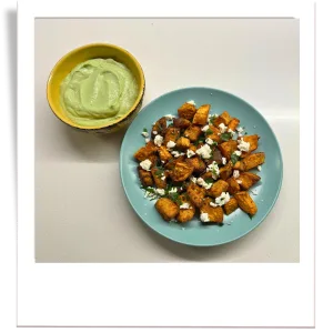 Crispy Air-Fried Sweet Potatoes with Avocado Crema